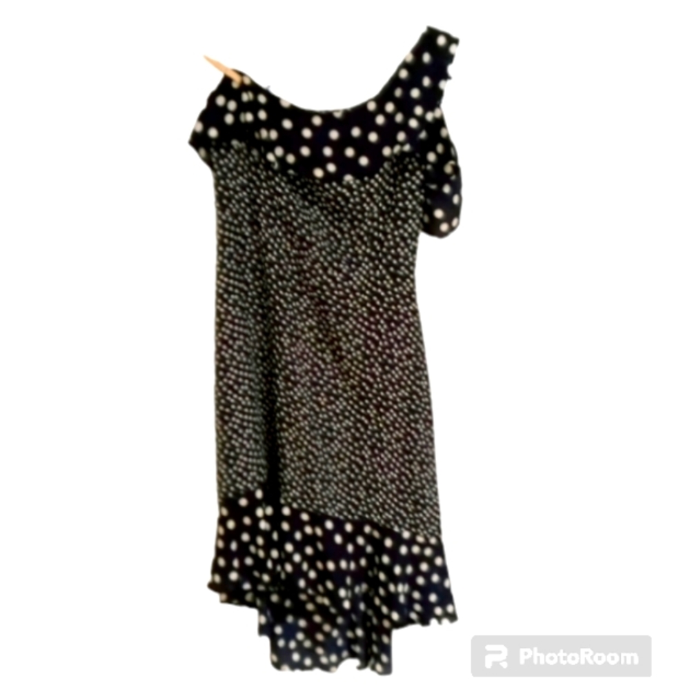 A New Day Medium One Shoulder Navy And White Polka Dot Asymmetrical Dress